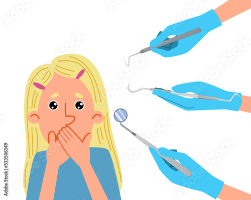 The girl is afraid of the dentist. A frightened patient is a child experiencing a panic attack in the office of a dental clinic. Vector cartoon illustration in a flat style.