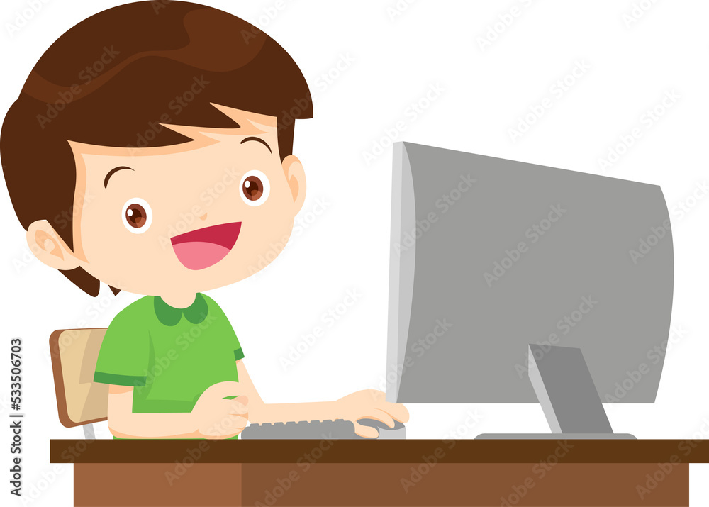 cute student boy working with computer cute student boy working with computer