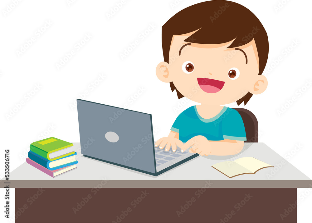 cute student boy working with computer cute student boy working with computer