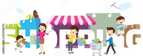 Family Shopping concept illustration of Dad,son,mom daughter are shopping various actions with elements