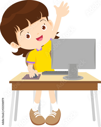 student girl learning computer hand up