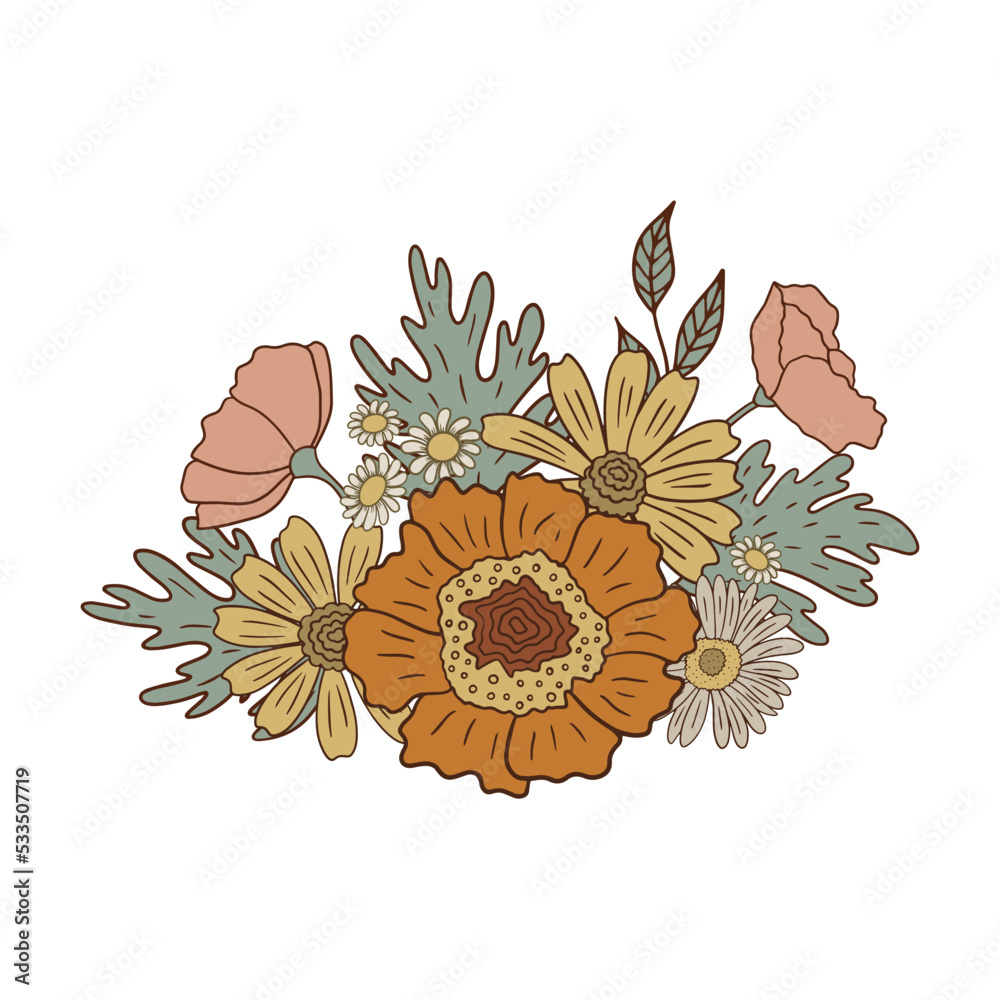 Retro floral composition in the 60s-70s style isolated on white background.  Vector illustration. 