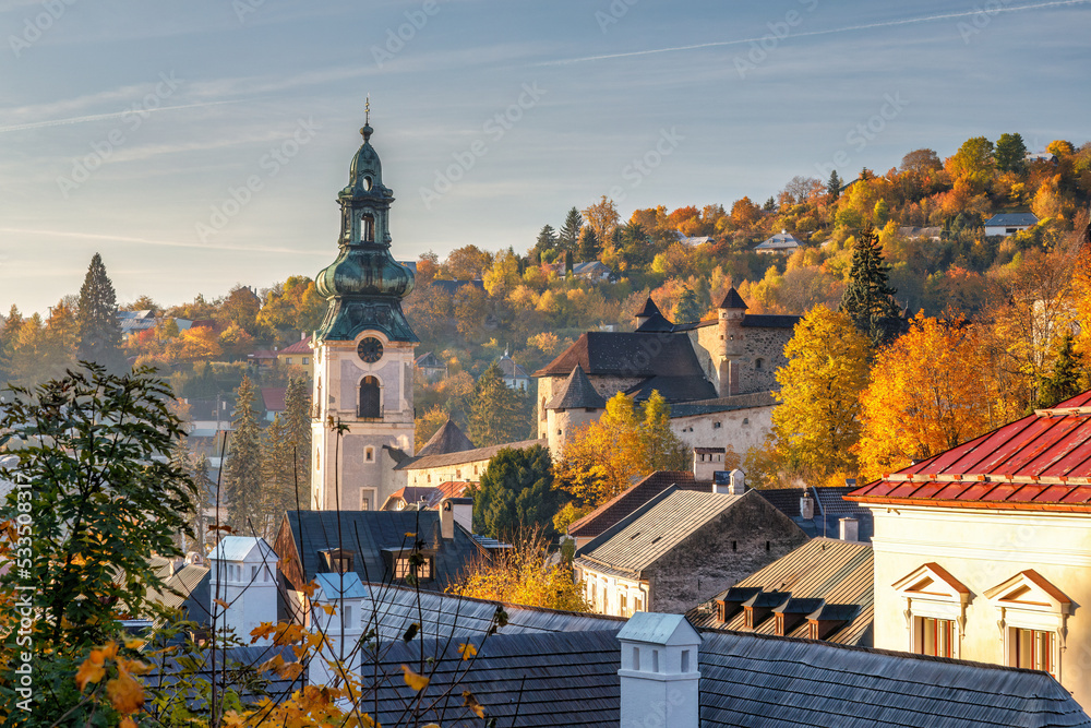 Naklejka premium Tower of The Old Castle in Banska Stiavnica at an autumn season, Slovakia, Europe.