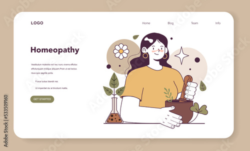Homeopathy web banner or landing page. Traditional herbal medicine