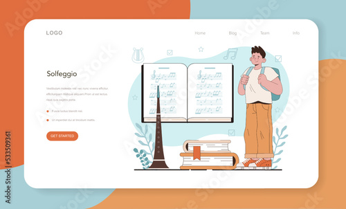 Music school or course web banner or landing page. Students learn