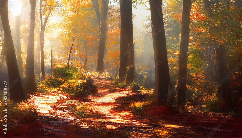 Obraz premium forest morning trail colors peaceful 