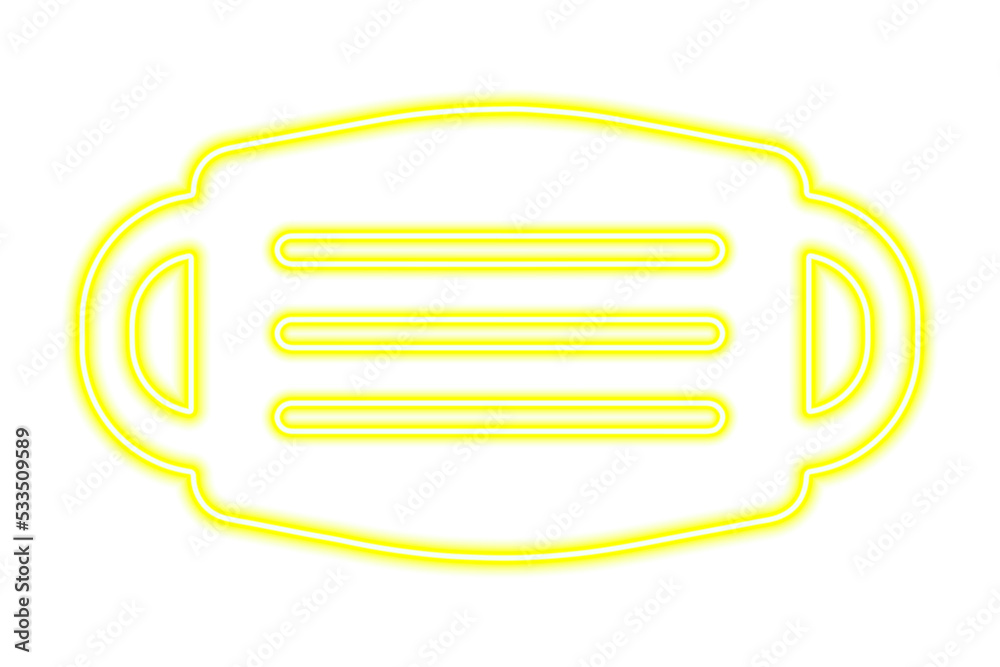 The silhouette of a medical mask isolated on white. Yellow line in neon style The silhouette of a medical mask isolated on white. Yellow line in neon style