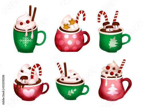 Hot chocolate cup Christmas coffee 3d cartoon vector latte drink set