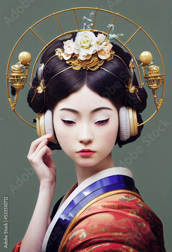Fotografie, Tablou geisha in headphones