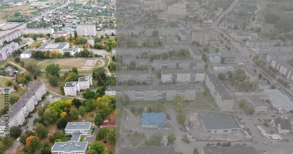 transition on video of flight over the city with result before and after color grading with applying the lut, look up table, to video raw log file