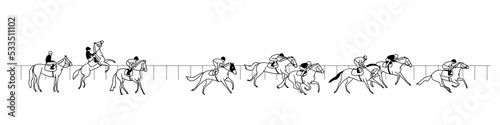 Racehorses with jockeys at the moment of the competition, simple, black and white, vector illustration