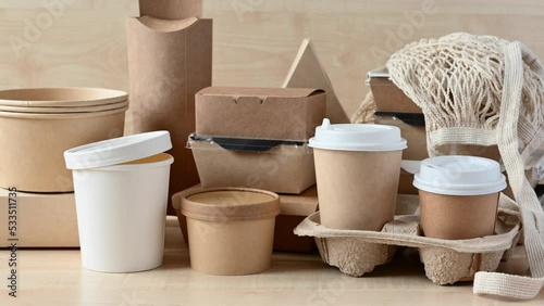 Paper eco-friendly disposable tableware. A large set of dishes and packaging for fast food. 