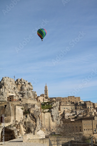 Colorful hot air balloon over Matera, Italia