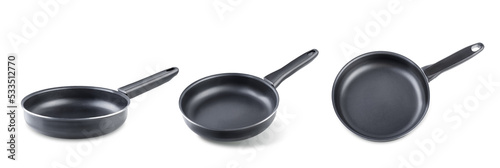 Black frying pan on a white isolated background