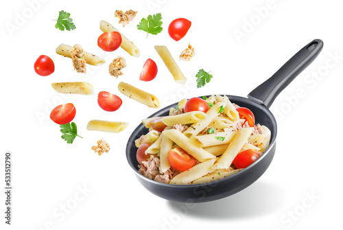 Canned Tuna tomato garlic parsley pasta in a pan on a white isolated background