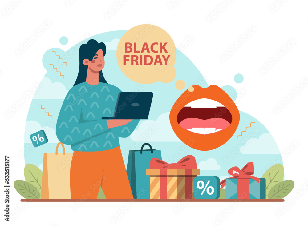 Black friday concept. Happy character rush to purchases. Shopping cart Black friday concept. Happy character rush to purchases. Shopping cart
