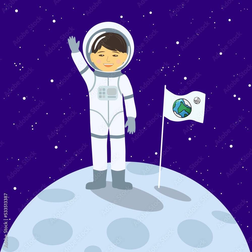 Naklejka premium A smiling Asian boy stands on the moon with a flag and greets us.