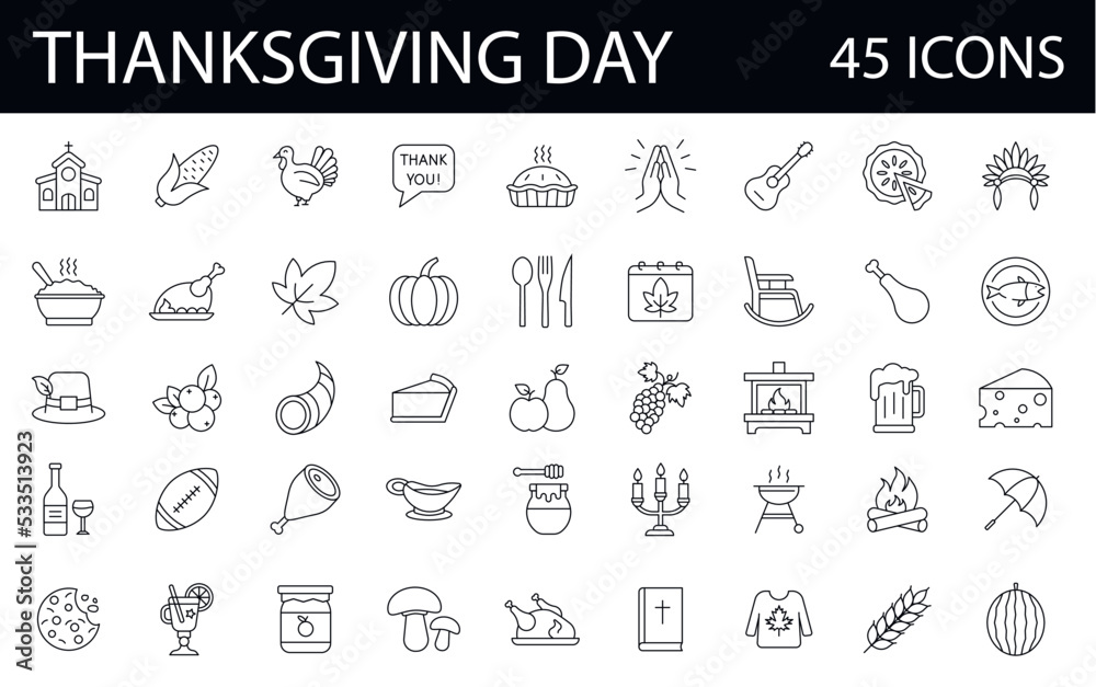 45 thanksgiving day thin line icon set. Holiday diner, food, drink vector linear symbol pack. graphic collection. 