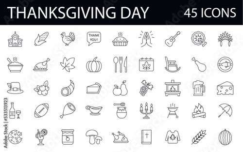 45 thanksgiving day thin line icon set. Holiday diner, food, drink vector linear symbol pack. graphic collection. 