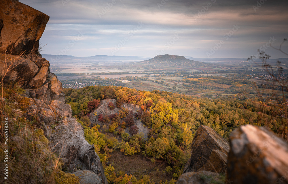 Amazing panoramic view on Badacsony mountain in autumn