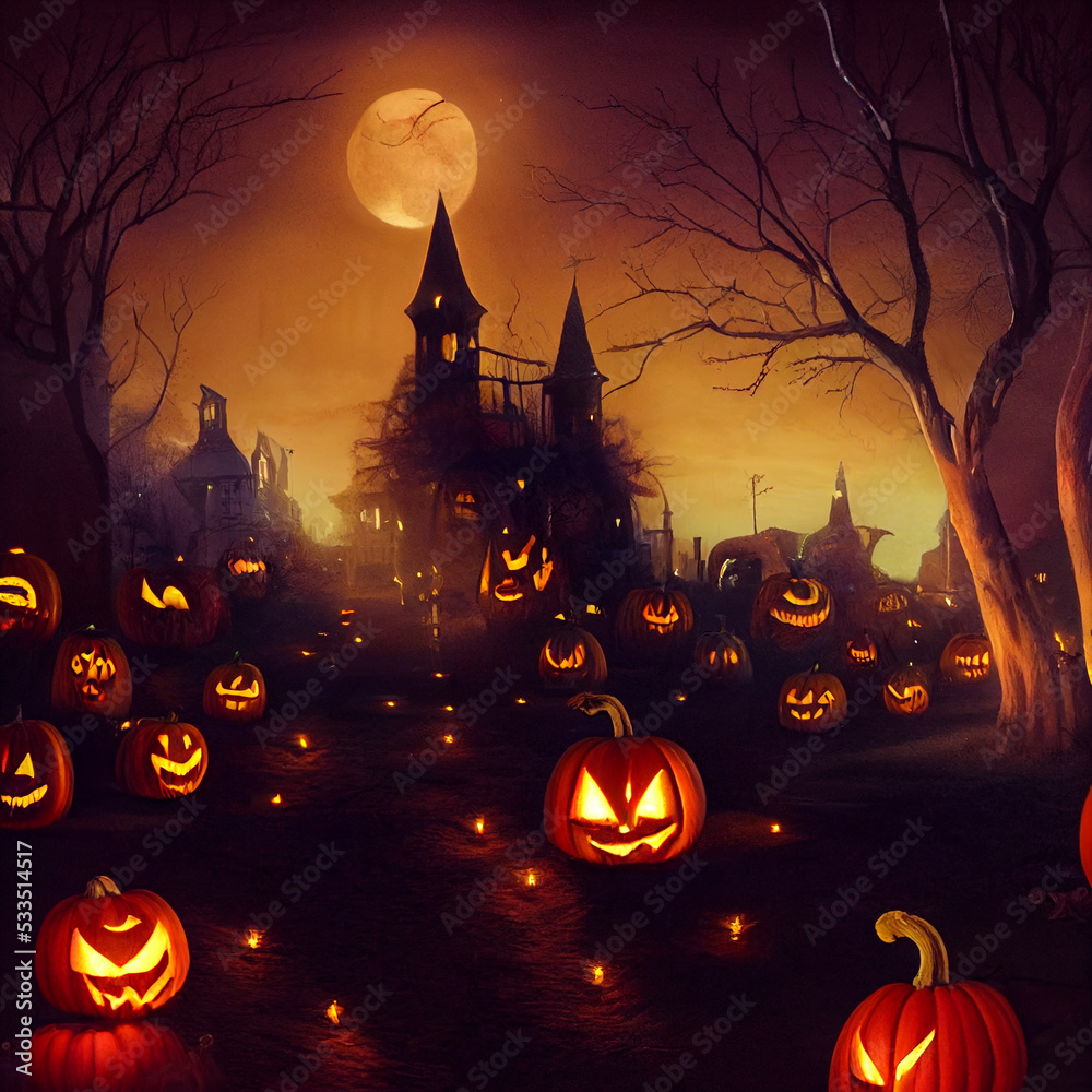 halloween city background with pumpkins