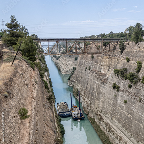 The Corinth Canal, connects the Gulf of Corinth in the Ionian Sea in the west with the Saronic Gulf in the Aegean Sea in the east, Peloponnese, Greece