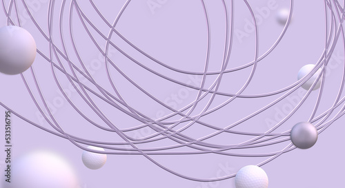 Digital Lavender Color of the Year 2023. Abstract futuristic poster, lavender and violet flying 3D balls. Background in lavender pastel color. 3D illustration.