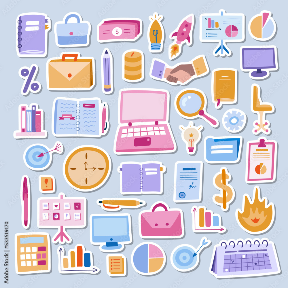 Big business set with colorful hand drawn clipart in doodle style. Vector illustrations isolated. Briefcase, lamp, money and finances, laptop, computer, planner, calendars, target, deadline, chart. Big business set with colorful hand drawn clipart in doodle style. Vector illustrations isolated. Briefcase, lamp, money and finances, laptop, computer, planner, calendars, target, deadline, chart.
