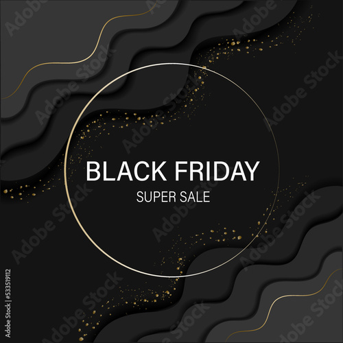 Vector editable illustration for black friday in paper cut style; The square banner in luxury style with wavy golden shapes and sparks