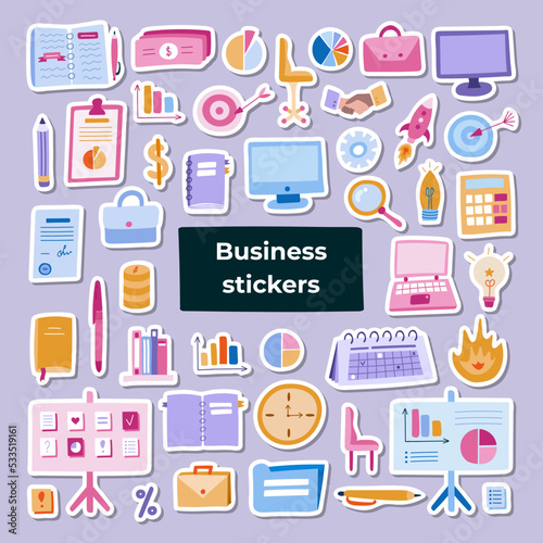 Big business set with colorful hand drawn clipart in doodle style. Vector illustrations isolated. Briefcase, lamp, money and finances, laptop, computer, planner, calendars, target, deadline, chart.