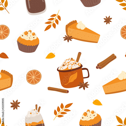 Latte, cappuccino, cupcake and pumpkin pie seamless pattern.  Autumn hot drink and bakery flat vector illustration. Wrapping paper, fabric design