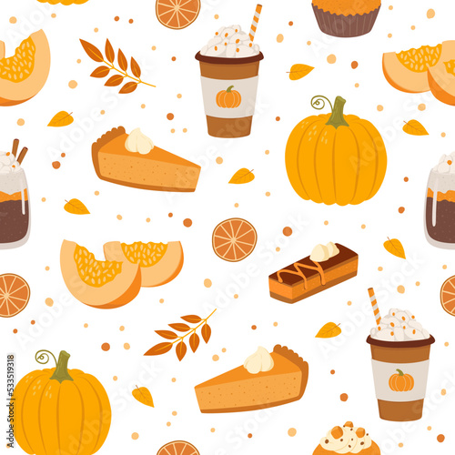 Pumpkin spice latte and pie flat seamless pattern. Autumn hot drink and bakery vector illustration. Wrapping paper, fabric design