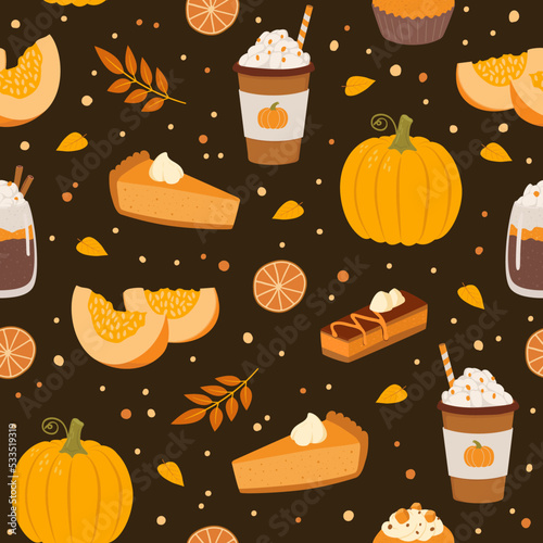 Pumpkin spice latte and pie flat seamless pattern. Autumn hot drink and bakery vector illustration. Wrapping paper, fabric design