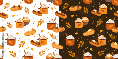 Latte, cappuccino and pumpkin pie flat seamless pattern. Autumn drink and cupcake vector illustration. Wrapping paper, fabric design