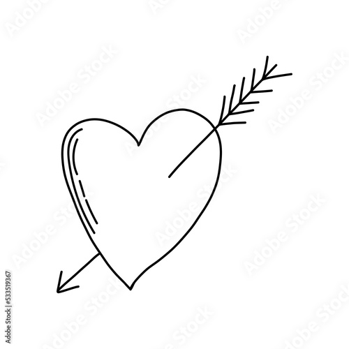 Broken cracked heart with arrow through in hand drawn doodle style. Simple cute vector illustration. Valentine's day, cupid, love, heartbreak, sign, symbol.