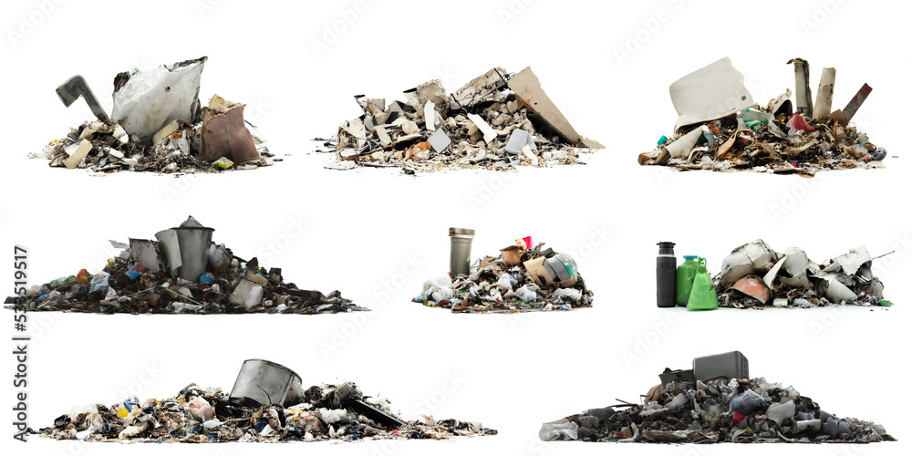 pile of trash, collection of garbage heap, isolated on white background - obrazy, fototapety, plakaty 