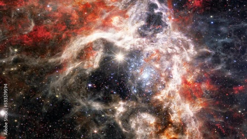 Tarantula Nebula, 30 Doradus, NGC 2070, Star-forming region in the deep space. Gas accumulation in outer space. James webb telescope. Space landscape. JWST. Elements of this image furnished by NASA photo