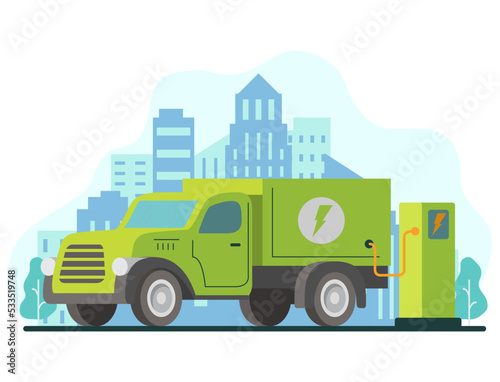 Eco car charging station.Retro van.Electric truck refueling .Green energy.City skyline with skyscrapers.Flat vector illustration.