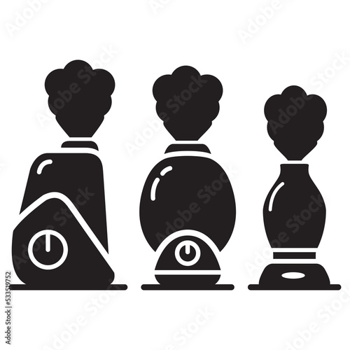 Black silhouette set humidifier icon.Aroma diffuser.Air filter black glyph.Air cleaning device. Isolated on white background. Vector flat illustration.