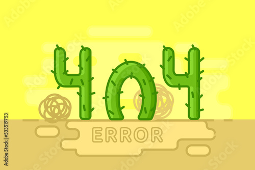 Page not found - 404 error for the site. Sunny desert, cactus in the form of 404, tumbleweed on the sand. Flat vector illustration