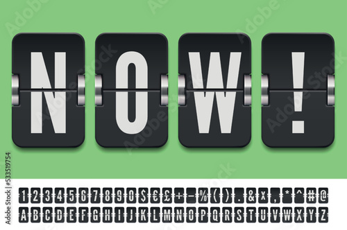 Black Airport mechanical scoreboard alphabet with numbers to display departure or arrival information. Terminal flip board font for advertise messages vector illustration.