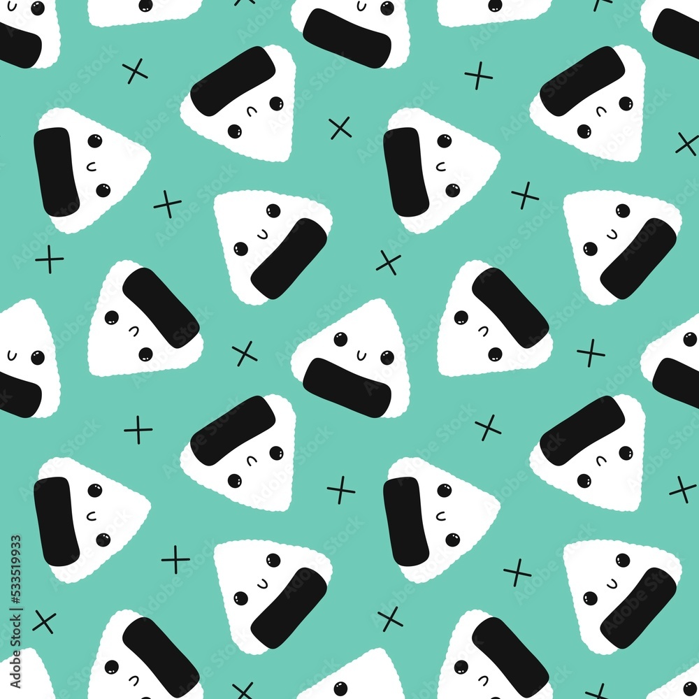 Japanese food onigiri seamless cartoon kawaii rice ball pattern for ...