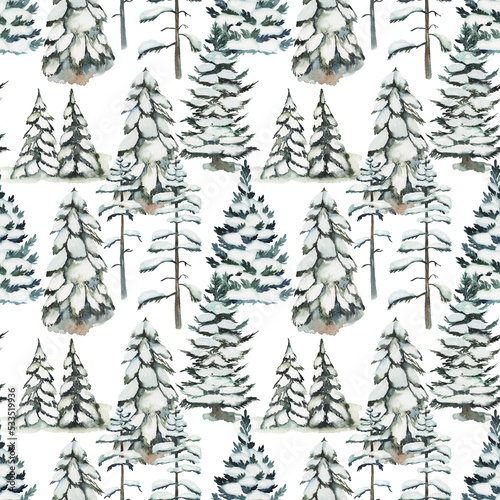 Seamless pattern with watercolor snowy pine trees and fir trees, hand drawn on white background