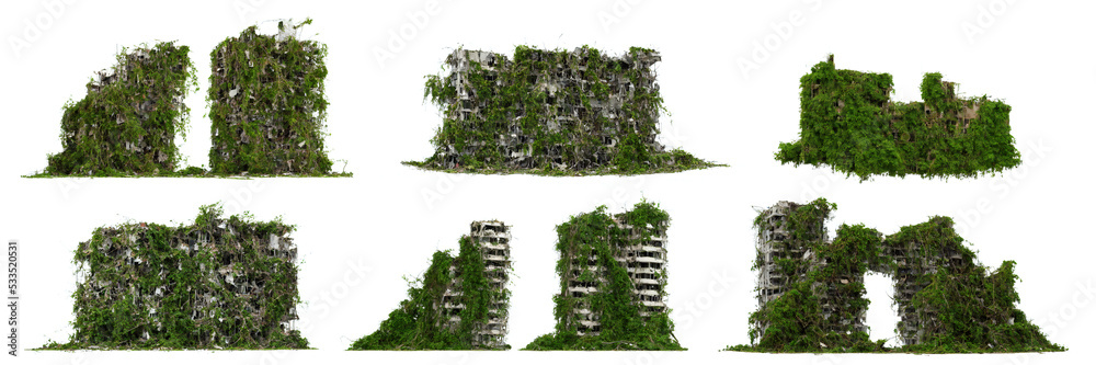 lush overgrown buildings, collection of post-apocalyptic cityscapes isolated on white background