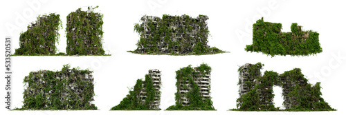 Obraz na płótnie lush overgrown buildings, collection of post-apocalyptic cityscapes isolated on white background w salonie