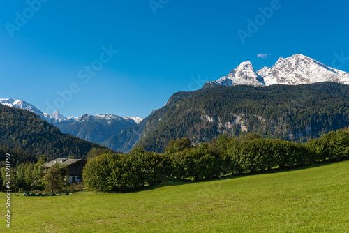 View direction Königssee with the Steinerne Meer and the Watzmann, the legendary central massif of the Berchtesgaden Alps. He has an altitude of 2713 m and is the third highest mountain in Germany