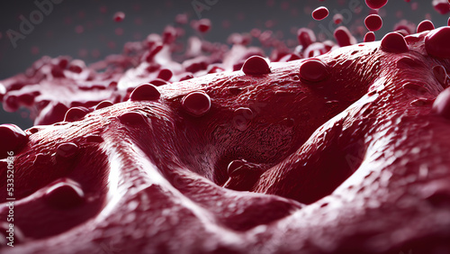 3 d render. Astract red blood cells illustration, scientific or medical or microbiological background photo
