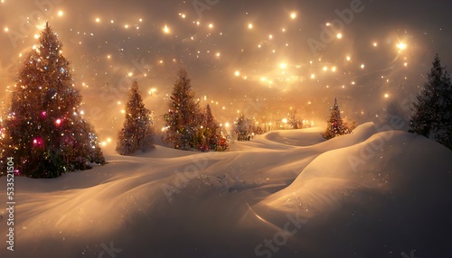 New Year holiday background. Christmas decorations, winter festive landscape of the city in snow and garlands and lights. Beautiful postcard background. 3d rendering. Raster illustration. © DZMITRY