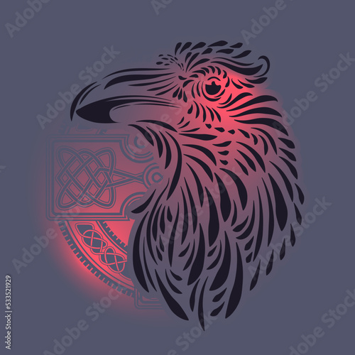 Odin's Celtic Raven. Scandinavian tattoo. Runic symbols in the Old Norse language mean Raven. Trixel, Celtic cross, Gungir and knots. Vector illustration of Scandinavian myths.