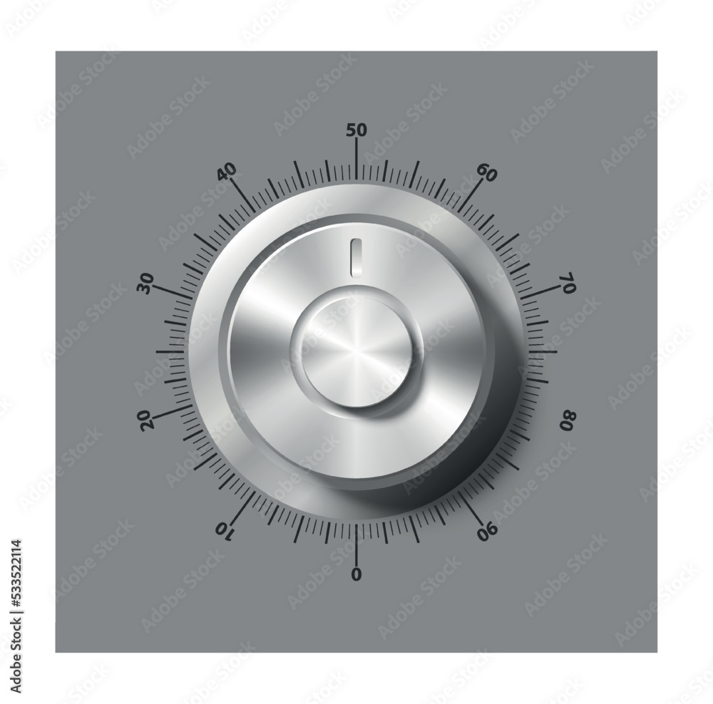 Adjustment round dial. Grey button for adjusting volume level of player, application or program. Interface for website, graphic element. Music editing software. Realistic 3D vector illustration Adjustment round dial. Grey button for adjusting volume level of player, application or program. Interface for website, graphic element. Music editing software. Realistic 3D vector illustration
